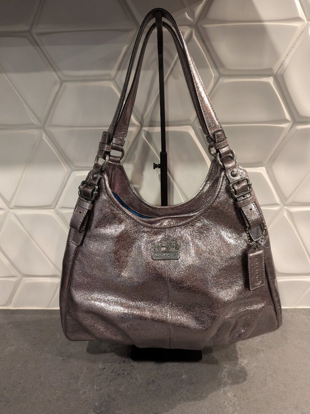 COACH Gunmetal Madison Maggie Metallic Leather Shoulder Bag, Excellent Condition